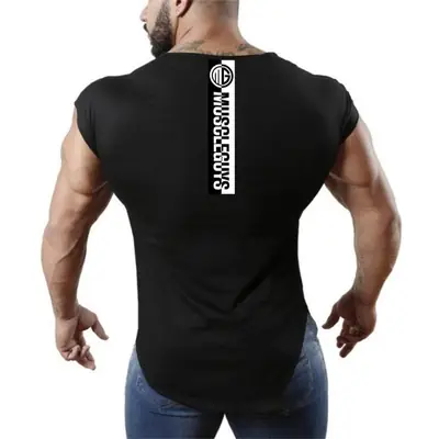 Men Black Gym Waistcoat T-Shirt Cotton Loose Breathable