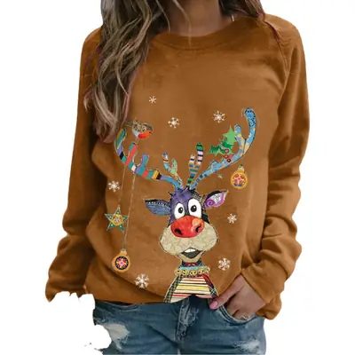 Women Christmas Deer Print Long Sleeve Red Sweatshirt