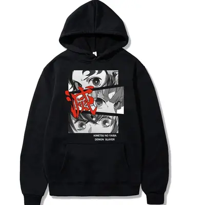 Cross-border Demon Slayer Hooded Sweatshirt Grey Anime Print