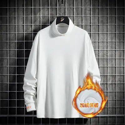 Men's Fleece Lined Warm T-Shirt White Half-Collar