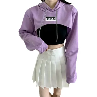 Women High Waist Sweatshirt Pullover Long Sleeve Black Crop Top