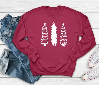 Grey Christmas Tree Print Sweatshirt Round Neck