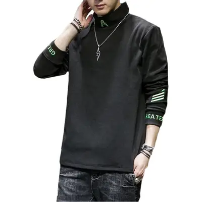 Men Fleece Long Sleeve T-Shirt Black Warm Half Collar