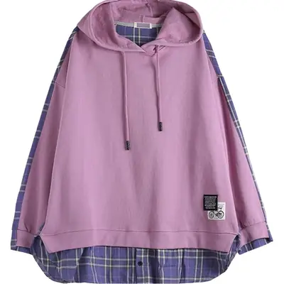 Women K-Style Hooded Sweatshirt Set Blue Plaid Loose Fit