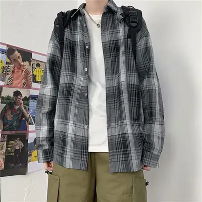 Men's Plaid Long Sleeve Shirt Grey Red Orange