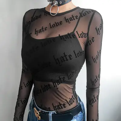 Black See-Through Long Sleeve T-Shirt for Women
