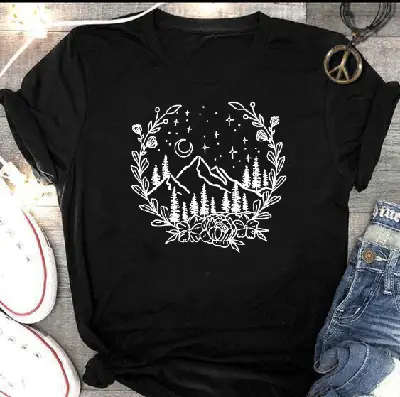 Women Gray Mountain Graphic T-Shirt with Floral Design