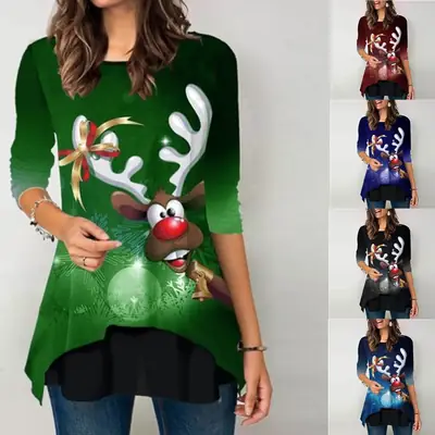 2020 Wish Explosions Elk Christmas Print T-Shirt Long Sleeve Women