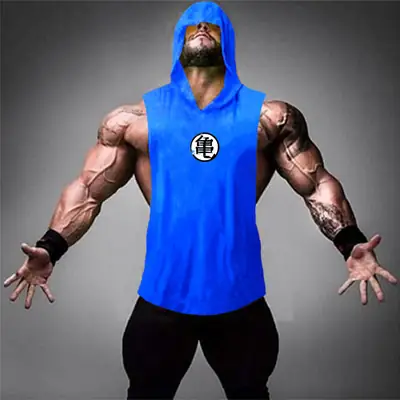 Men Hooded Vest Blue Cotton Workout Sleeveless Waistcoat