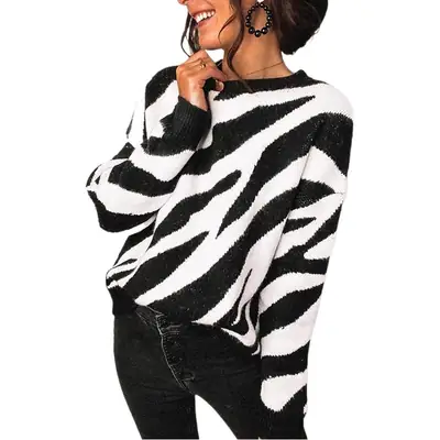 Zebra Print Knitted Crewneck Sweater Women Winter