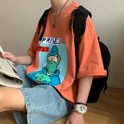 Men's Orange Printed Short Sleeve T-Shirt with Cartoon Design