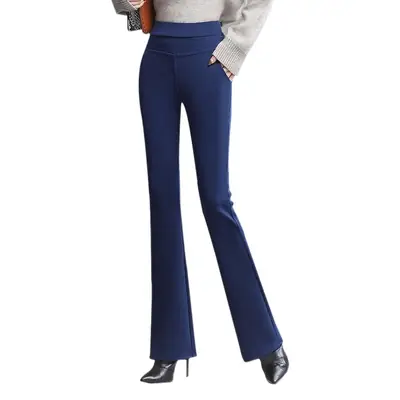 Women Fleece-lined Flared Pants Navy Blue Slim Fit