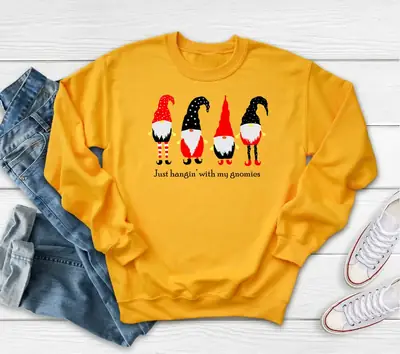 Christmas Colorful Crewneck Sweatshirt with Four Gnomes Print