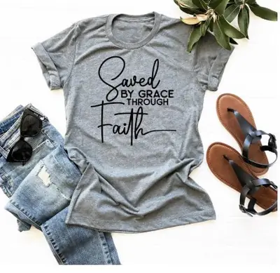 Grey Short Sleeve Letter T-Shirt Save By Grace Faith