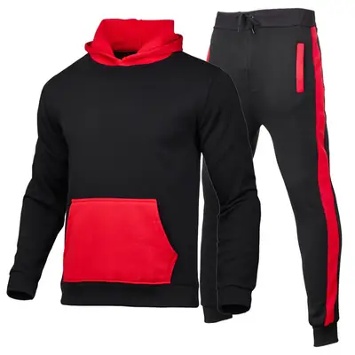 Men Red Hooded Sweatshirt & Black Pants Set