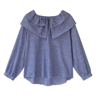 Women Blue Striped Long Sleeve Collar Top