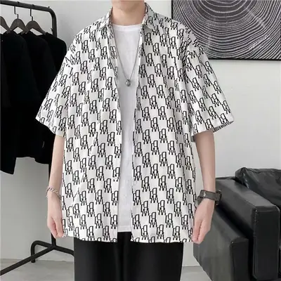 Men's Short Sleeve Printed Cardigan Shirt White Black