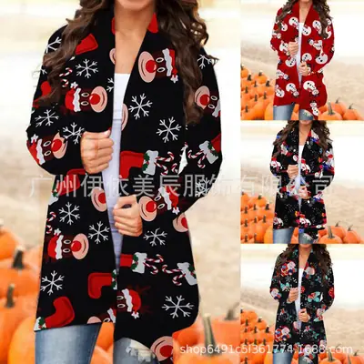 2021 Christmas Printed Cardigan Jacket Black Deer Tree Pattern