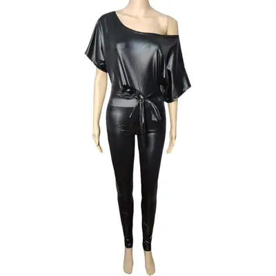 New Imitation Leather Jumpsuit Strappy Off-Shoulder Sexy Tight