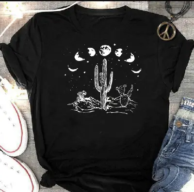 Gray Short Sleeve T-Shirt with Starry Sky Cactus Print