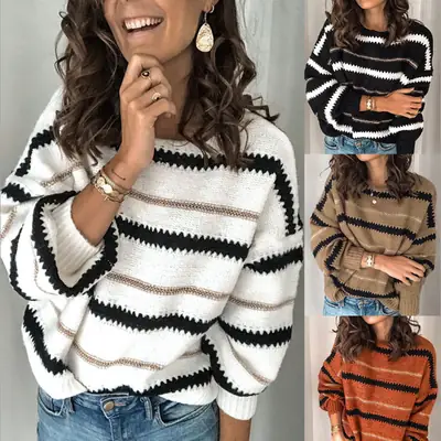 Women Spliced Metal Striped Sweater Pullover 2025