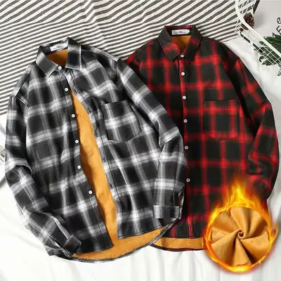 Men's Fleece Plaid Shirt Red Black Long Sleeve Warm Winter Jacket