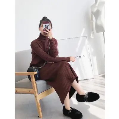 Black Knitted Half-Neck Dress for Women