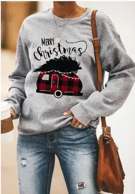 Pink Christmas Car Print Sweatshirt Round Neck