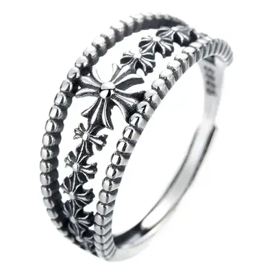 S925 Sterling Silver European and American Mix and Match Vintage Ring Women's Cross Carved Punk Personality Women's Open Finger Ring