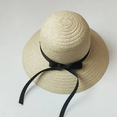 Women Straw Sun Hat with Black Ribbon