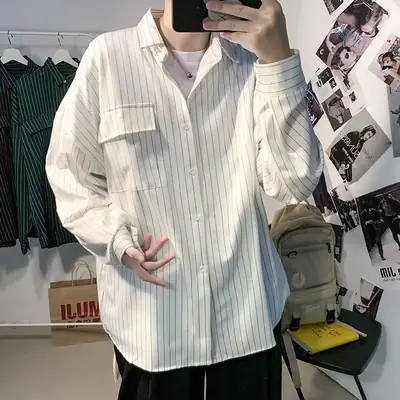 Men's Striped Plain Shirt Dark Blue Loose Fit