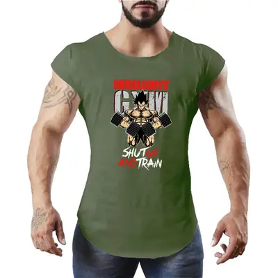 Men's Gym Waistcoat Muscle Vests Goku Cotton Green