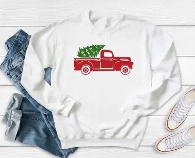 Red Christmas Tree Car Sweatshirt Round Neck