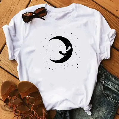 Women Grey Moon Graphic T-Shirt Short Sleeve