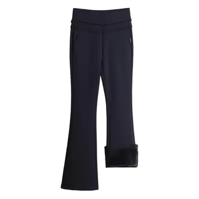 Women Fleece-lined Micro Flared Pants Black High Waist