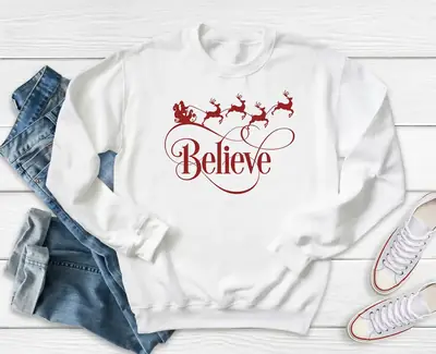 White Christmas Round Neck Sweater with Deer & Believe Design
