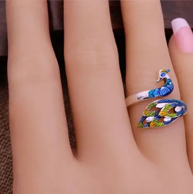 Blue Peacock Adjustable Silver Ring for Women