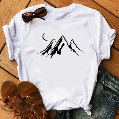 Gray T-Shirt Moon Mountain Print Short Sleeve