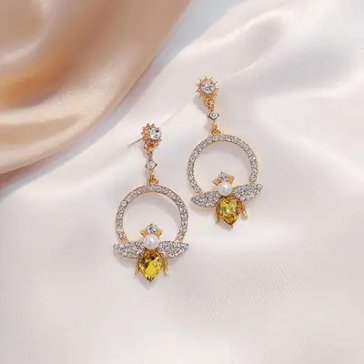 Korean Style Sweet Bee Earrings with Yellow Diamonds
