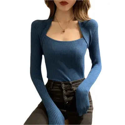 Women Knitted Square Collar Sweater Set Brown Multi Color