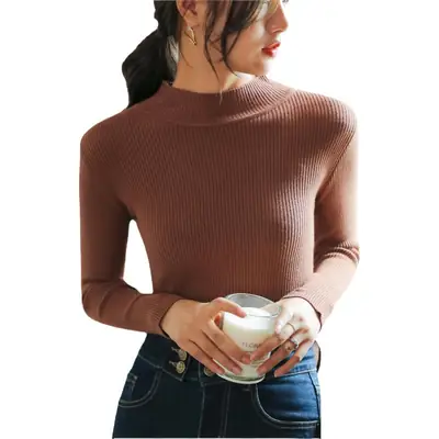 Women Knitted Half-High Collar Long Sleeve Top Beige
