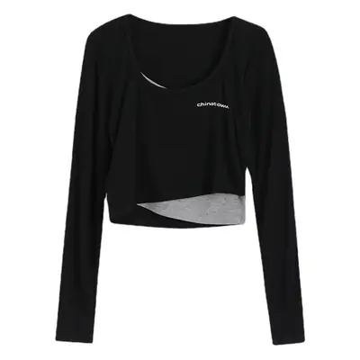 Autumn Black Fake Two-Piece Top with High Waist & Square Collar