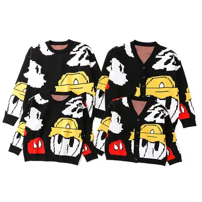 Kids Cartoon Cardigan Set Black White Red Winter Coat