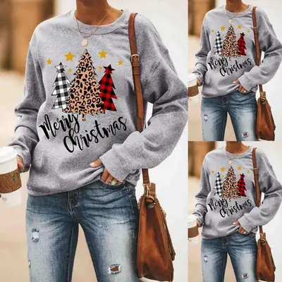 Merry Christmas Printed Women's Grey Sweatshirt Long Sleeve