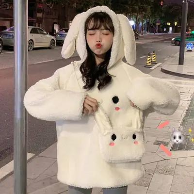 Women Korean Hooded Lamb Wool Coat White Winter