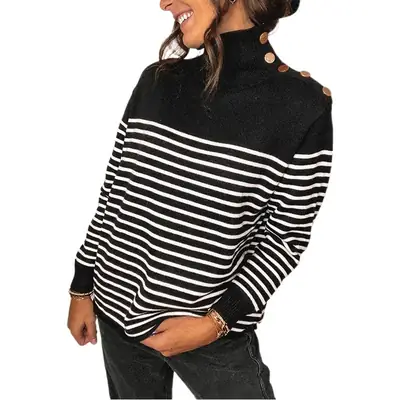 Women Striped Turtleneck Knit Pullover Black White