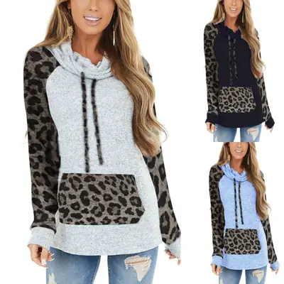 Leopard Print Hooded Sweatshirt Women Grey Black