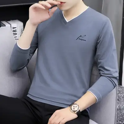 Men V-Neck Long Sleeve Pullover Grey