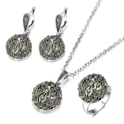 Three Piece Bohemian Silver Necklace Earrings Ring Set