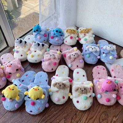 Cartoon Plush Polka Dot Chicken Slippers for Women